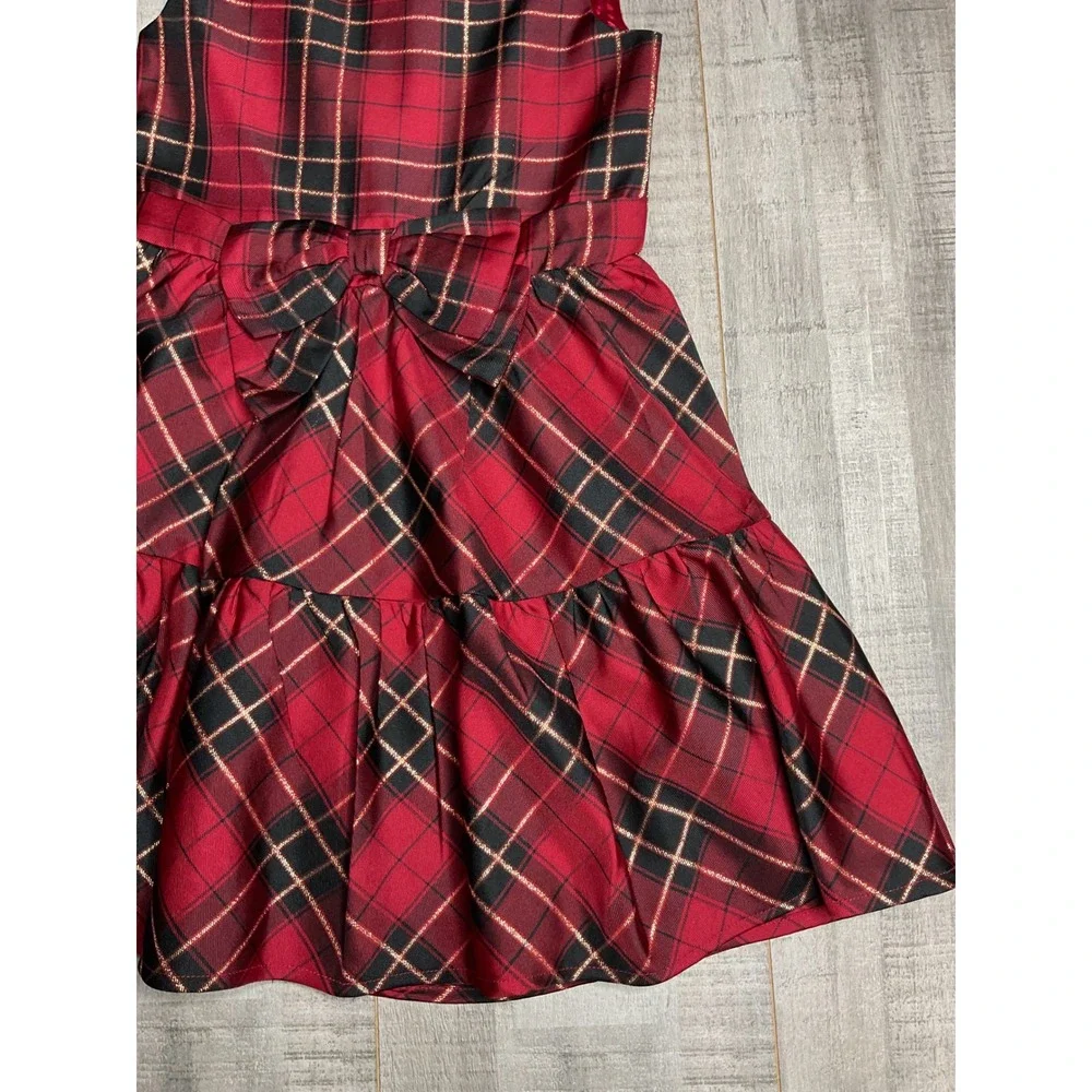 Childrens Place Girls Red Plaid Gold Metallic Holiday Party Dress Size 6 NWT